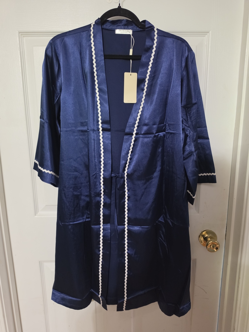 Navy Satin Robe with White Scalloped Trim - Women's Intimates & Sleepwear